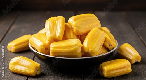 Bright yellow jackfruit segments are arranged in a bowl over a rustic dark background, highlighting the tropical fruit texture and color, shadow, delicious, fibrous