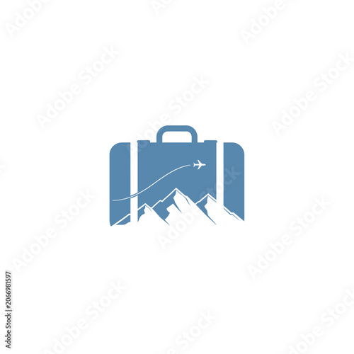Travel suitcase with handle and mountains.