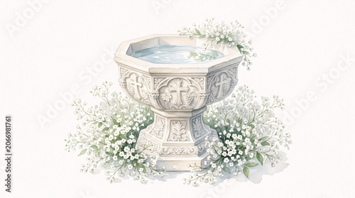 Stone baptismal font with flowers watercolor illustration