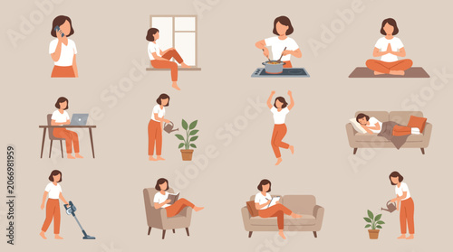 Woman doing various household chores activities.