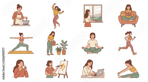 woman doing various yoga poses and activities.