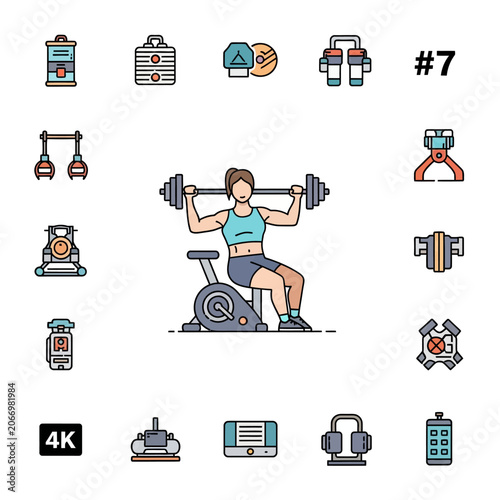 Woman Exercising on Stationary Bike with Dumbbells.