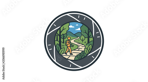 Woman hiking on mountain trail path.