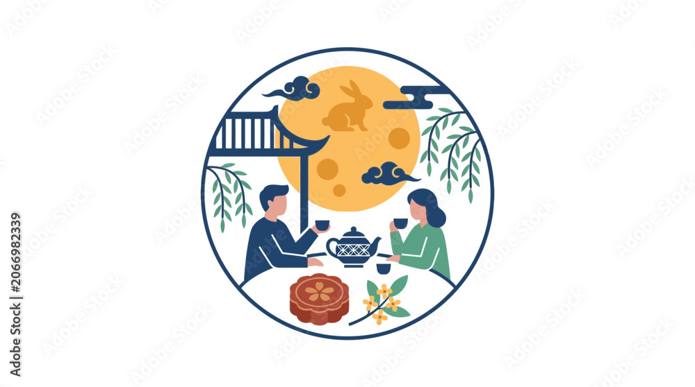 Fototapeta premium Mid-Autumn Festival Celebration with Tea and Mooncake