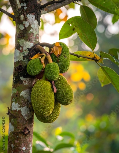 A close-up of a tree trunk with green fruits and leaves