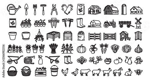 Farming and gardening icon set, 60 black outline vector elements, agriculture and horticulture symbols, organic farm life and gardening tools