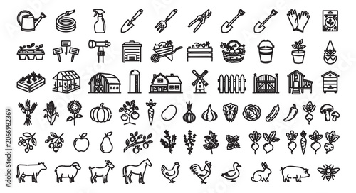 Gardening and farming line icons set, 60 black outline vector symbols of agriculture tools, organic vegetables, and livestock animals
