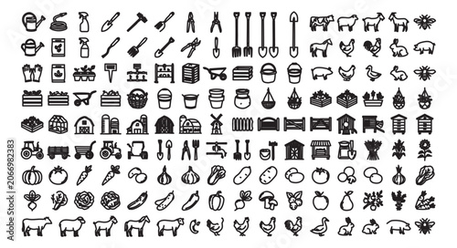 Black line farm icons set, agriculture and gardening vector symbols, organic farming equipment and livestock illustrations for ranch infographics