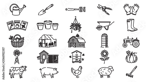 Minimalist garden and farm icons set, 25 black line vector symbols for agriculture and horticulture, rustic farming equipment and livestock illustrations