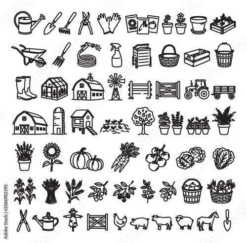 Hand drawn farm icons set, rustic gardening and agriculture vector elements, 56 black and white doodle illustrations for organic farming and ranching