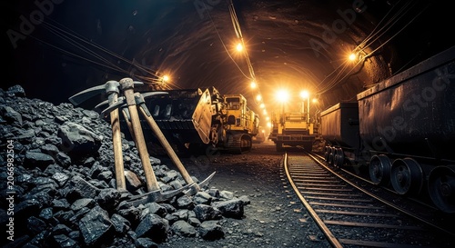 Industrial scene showing a dark coal mine tunnel with pickaxes, heavy machinery, tracks for carts, and dusty rocks under dim light bulbs, beam, pathway, lighting
