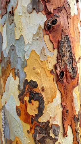 A close-up of a tree trunk with peeling bark in shades of orange, yellow, and gray