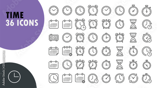 Schilderij op canvas Time Icons Set: Clocks, Calendars, and Stopwatches for Various Uses