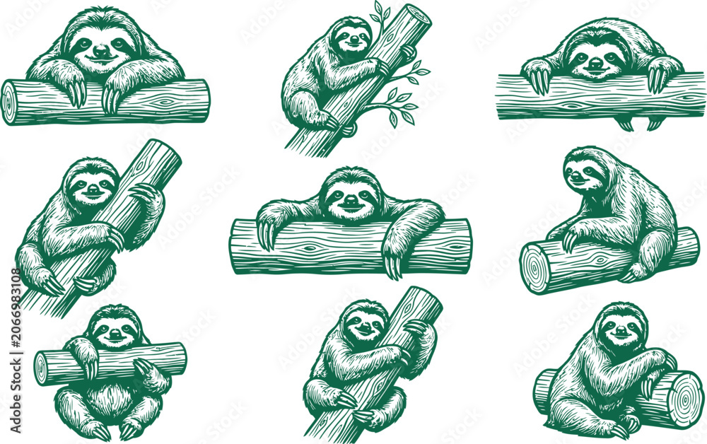 Fototapeta premium Collection of cute sloths resting on wooden logs in a rustic hand drawn ink line style