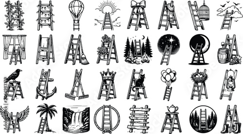 Collection of decorative ladders with various conceptual items including animals and celestial objects in sketch style