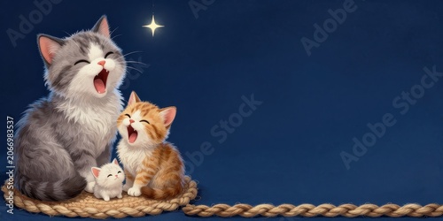 Adorable Cats and Kittens Playing with Hanging Chord Under Night Sky