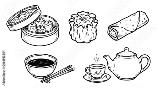 Photos Hand drawn dim sum set with tea and chopsticks line art illustration