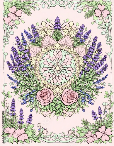 Intricate floral mandala with lavender, roses, and pastel decorative elements, hand-drawn style