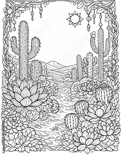 Desert Landscape Coloring Page with Cactus Sun and Mountain Scene for Relaxation