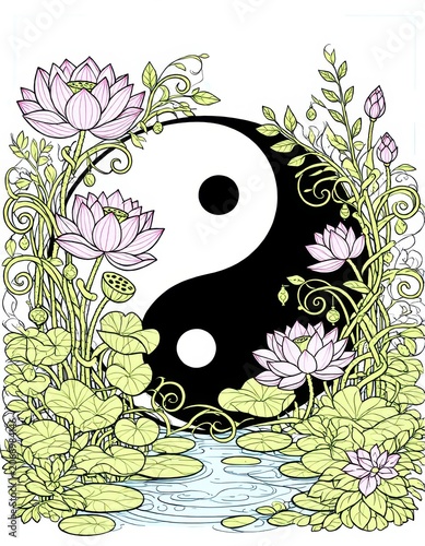 Yin Yang symbol surrounded by lotus flowers and lush greenery with water stream