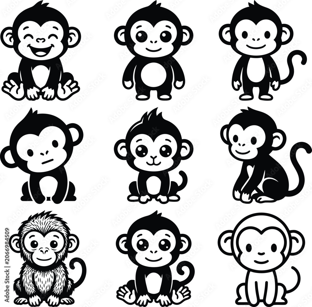 Fototapeta premium Cute monkey character vector set in various poses for nursery decor and playful graphic designs