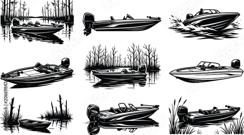 Detailed bass fishing boats collection with nature landscape elements in flat vintage vector illustration style