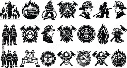 Firefighter and emergency rescue emblem set including helmets axes and fire department badge logo designs