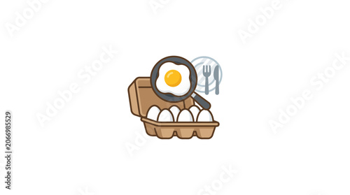 Foto Egg Carton With Fried Egg Under Magnifying Glass, Cutlery Icon