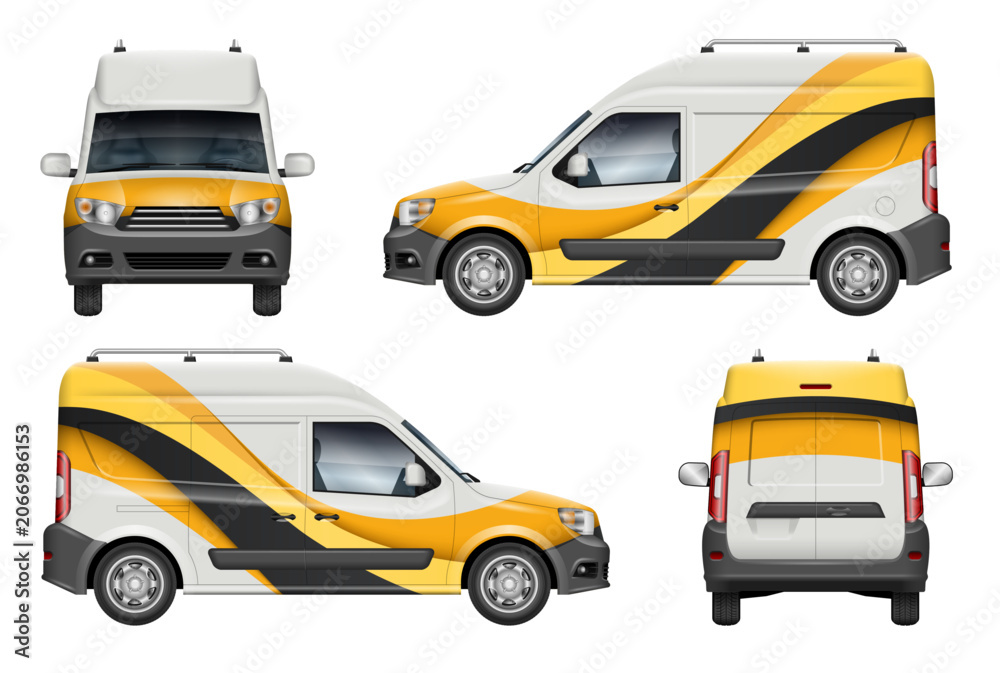 Fototapeta premium Commercial van vehicle wrap mockup with abstract yellow and black geometric wave design for corporate brand identity branding concept. Side, rear and front view.