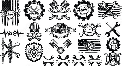 Mechanical and automotive repair emblems with engine parts and tools for workshop brand logos