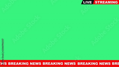 Green screen overlay background template for live streaming, banner breaking news text, suitable for news broadcasts, social media posts.