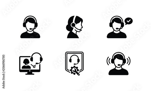 Customer support icons set black on white background.