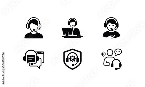 Customer support icons set black on white background.