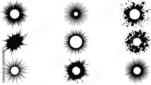 Set of abstract sunburst and ink splatter circle shapes in hand drawn sketch line style