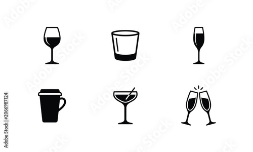 Set of six drink glasses including wine, shot, cocktail, and more.