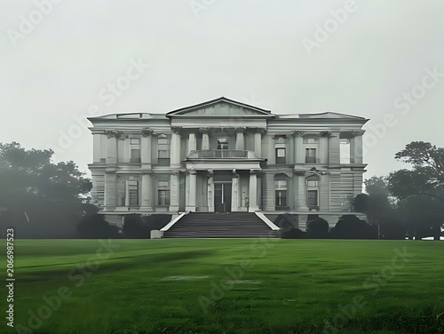 Classic white colonial mansion with wrap around porch.