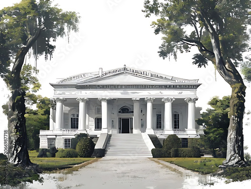 Classic white colonial style house with wrap around porch.