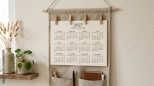 Minimalist 2027 yearly calendar hanging on fabric organizer in neutral beige aesthetic interior with plants.