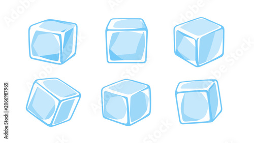 Fotografie Set of blue transparent ice cubes in cartoon vector style
