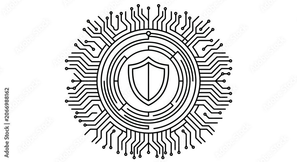 Fototapeta premium Black and white shield logo on circuit board background.