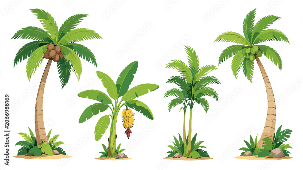 Fototapeta premium Cartoon tropical palm and banana trees isolated plant set