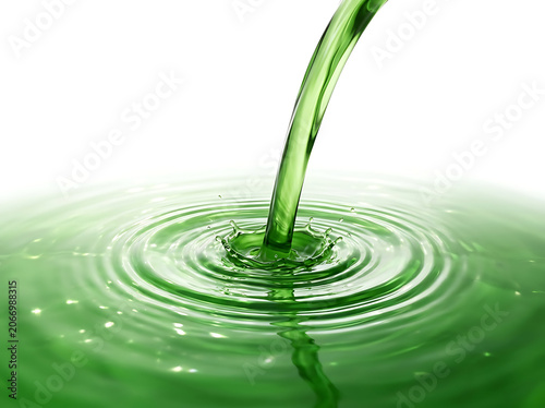 Single green plant stem with water droplet on leaf.