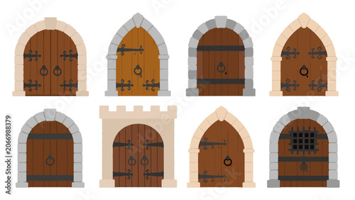 Set of medieval castle gates and arched wooden doors