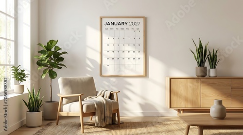 Spacious living room interior with calendar mockup and green houseplants in natural sunlight.