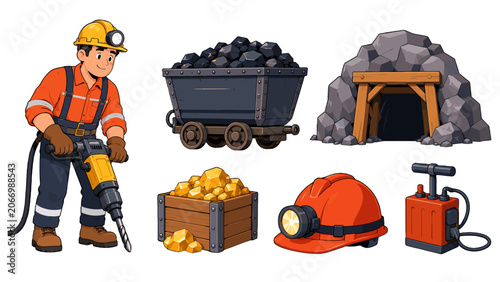 Obraz na plátně Cartoon mining equipment set with miner, cart, tunnel and helmet