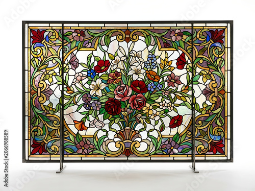 Intricate floral pattern with red and green botanical designs.