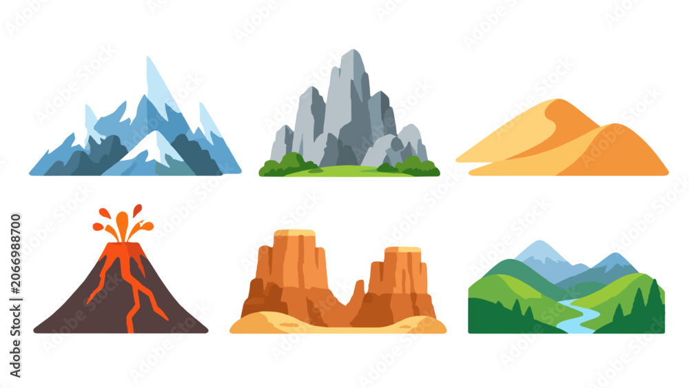Fototapeta premium Cartoon landscape icon set with mountains, dunes, volcano, and canyon