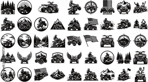 Set of off road atv vehicle emblems for adventure sports and extreme outdoor racing events