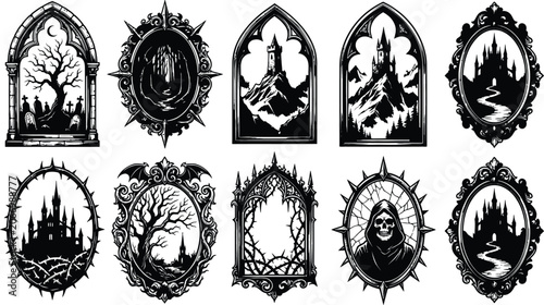 Set of ornate gothic window frames containing mysterious castle and dark forest illustrations for prints