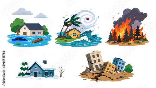 Obraz na płótnie Cartoon natural disaster infographic with extreme weather scenes